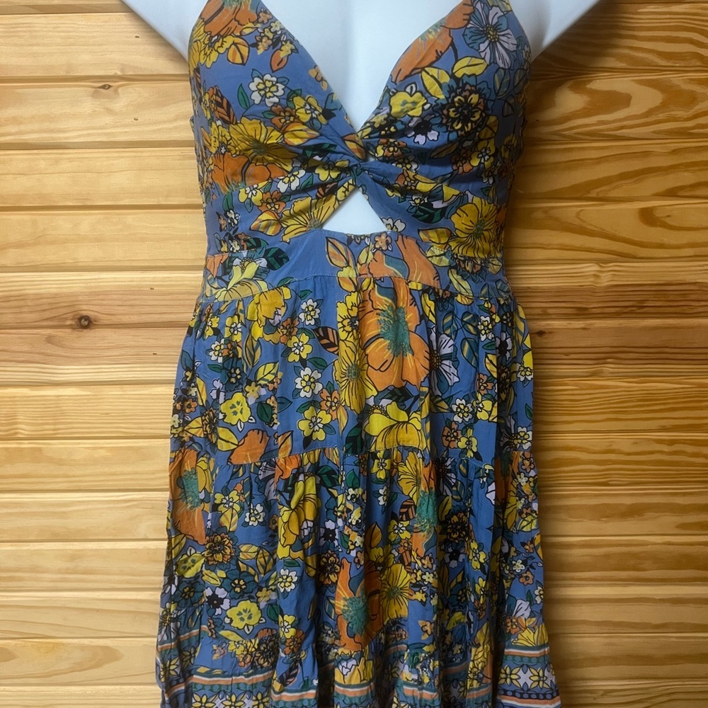 Angie Blue and Yellow Cut Out Tie Front Sundress